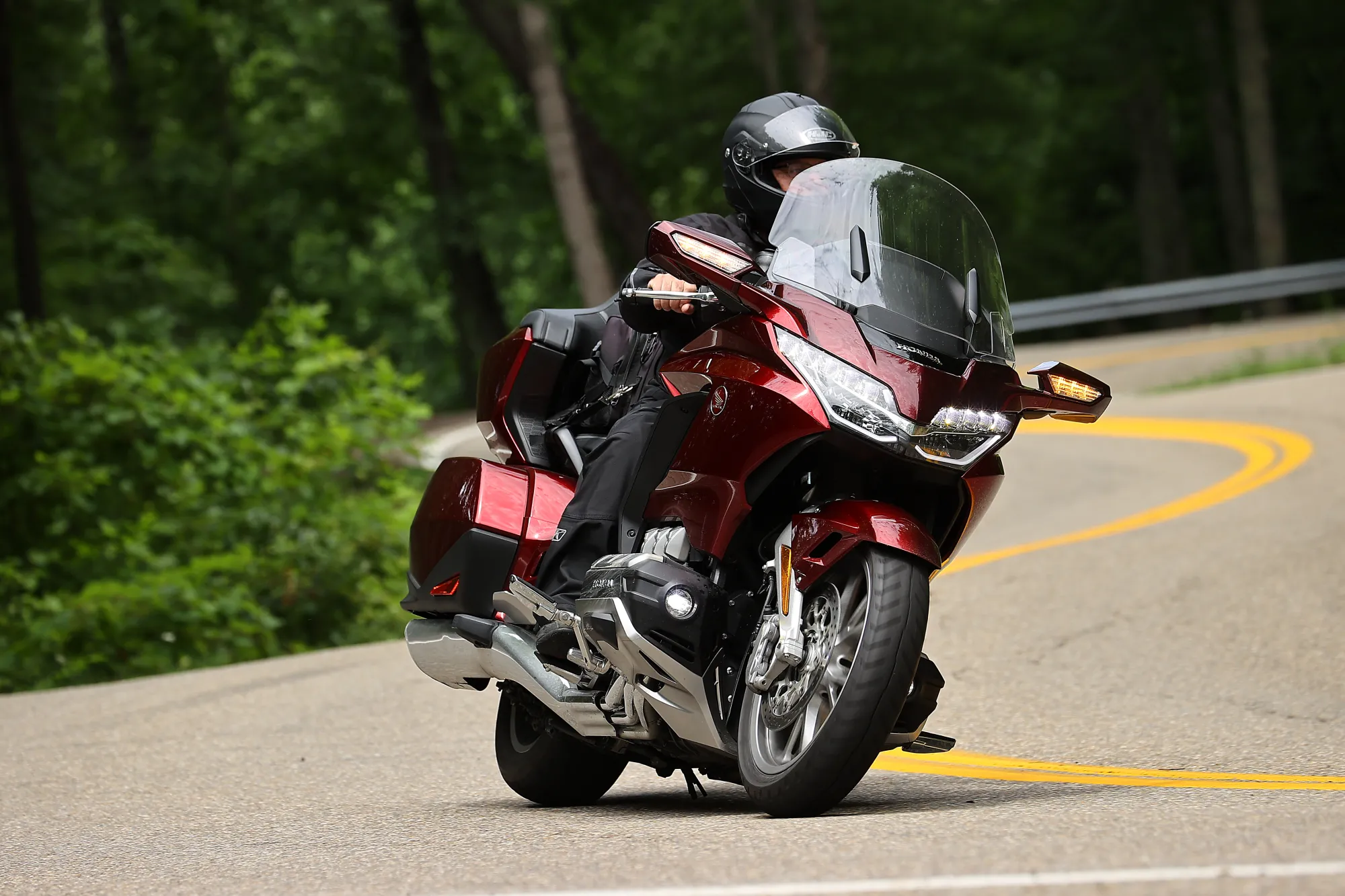 Motorcyclist in black gear riding a red motorcycle on a curving forest road.
