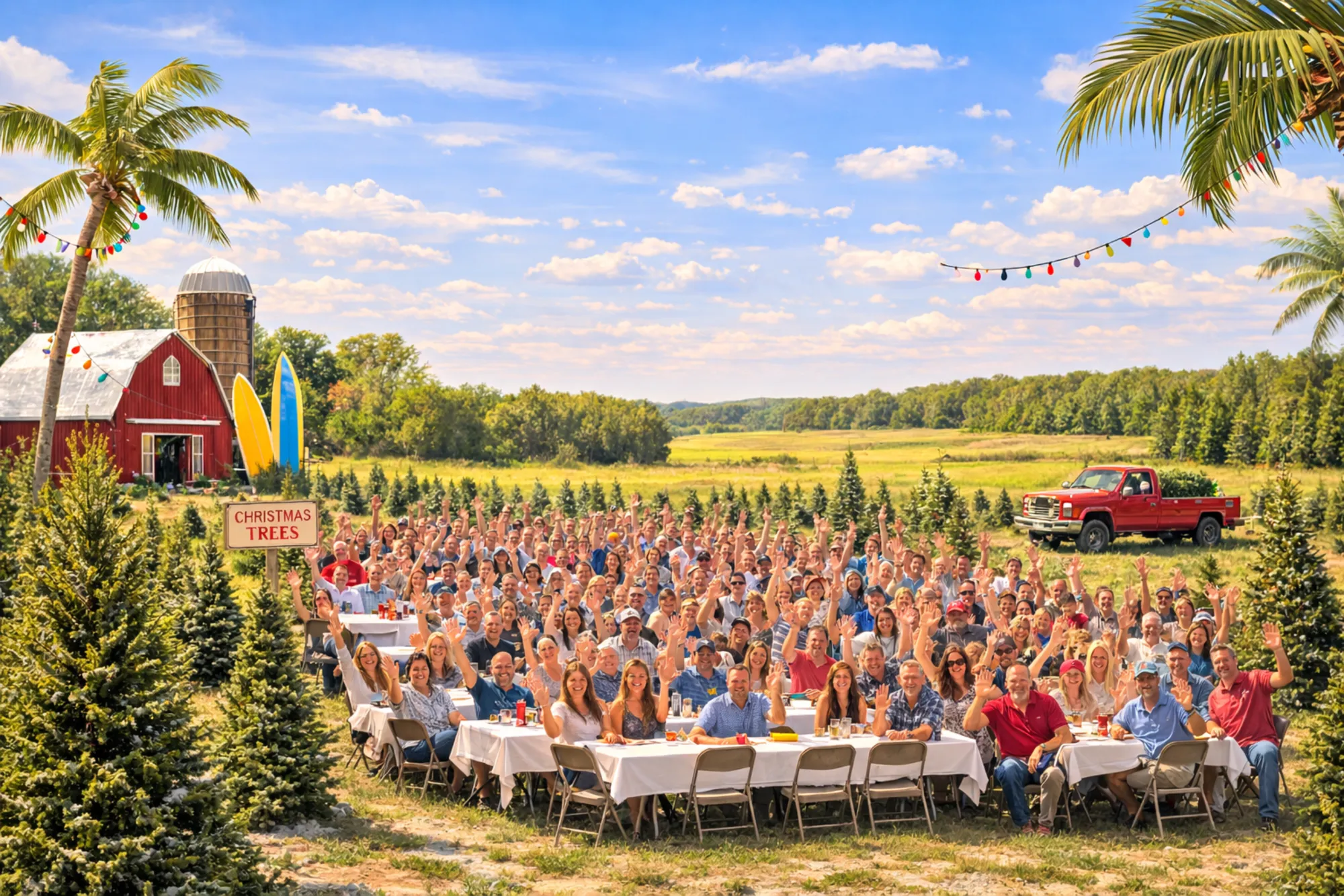 lots of people at a christmas tree farm waving at the camera
